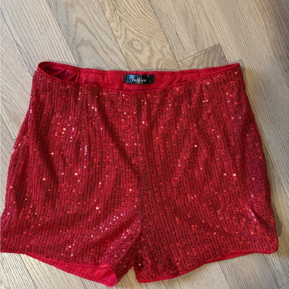 Pants - Red Sequin High Waist Shorts